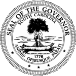 Black and white seal of the Governor of South Carolina featuring a palmetto tree, two shields, a banner, the year 1776, and Latin phrases "Quis separabit," "Animis opibusque parati," and "Melioram lapsa locavit.