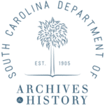 Logo for the South Carolina Department of Archives & History featuring a palmetto tree in the center, "EST. 1905" beneath, and the department name in a circular layout around the tree.